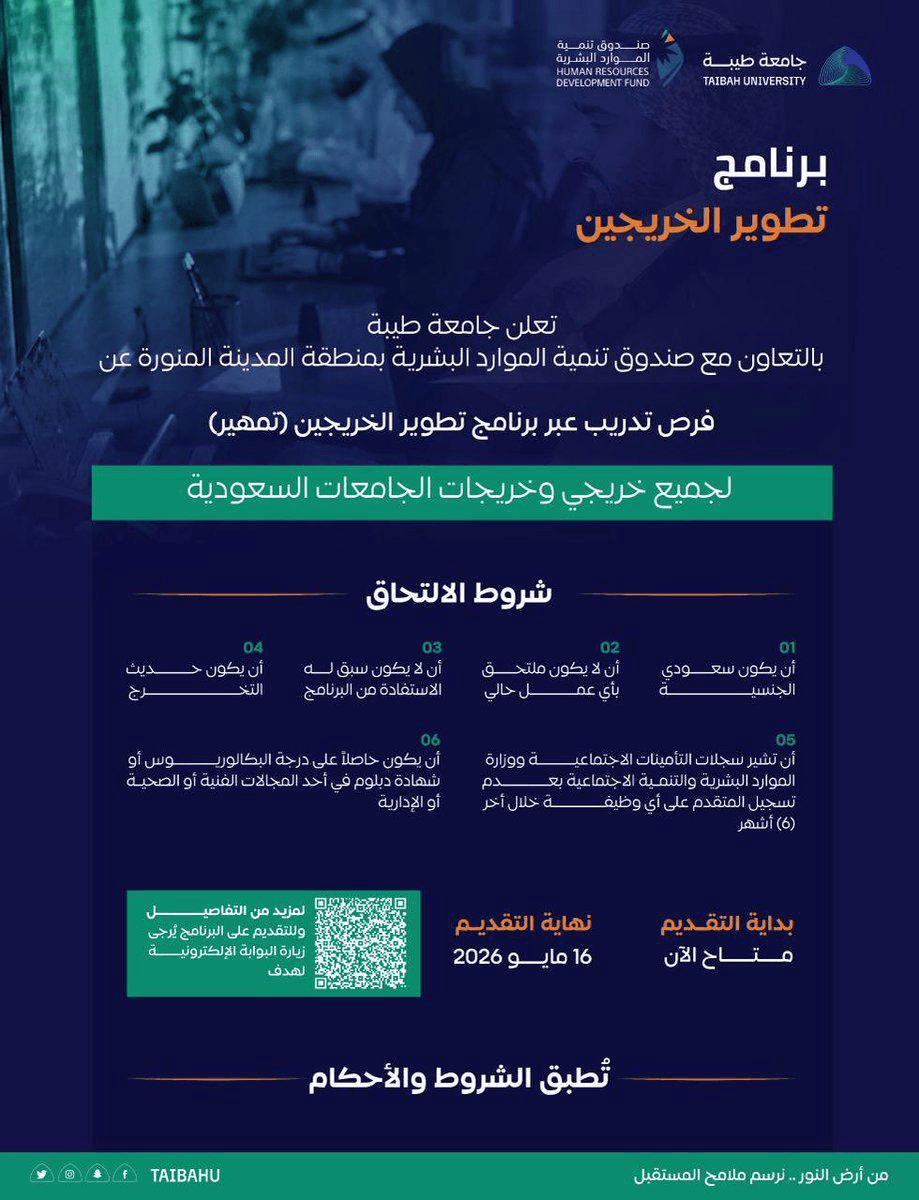 تعلن جامعة طيبة بالتعاون مع صندوق تنمية الموارد البشرية عن فرص تدريبية